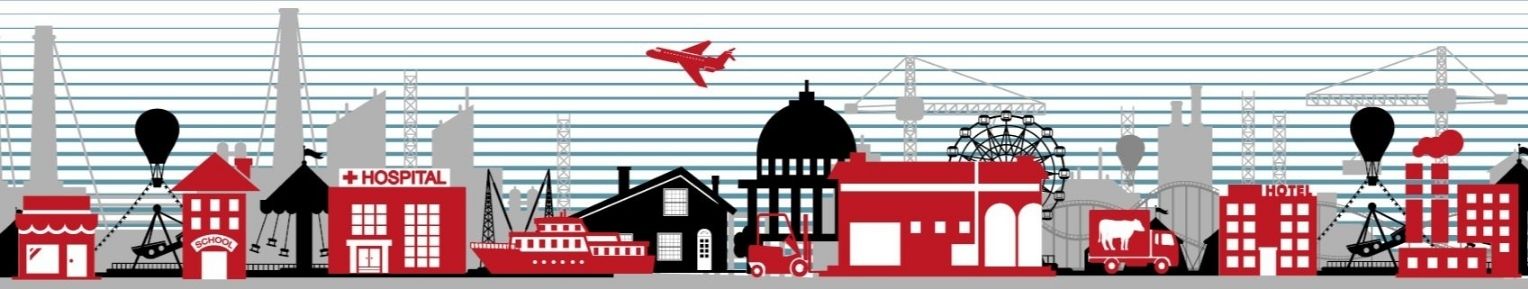 A banner with icons of transport vehicles and buildings
