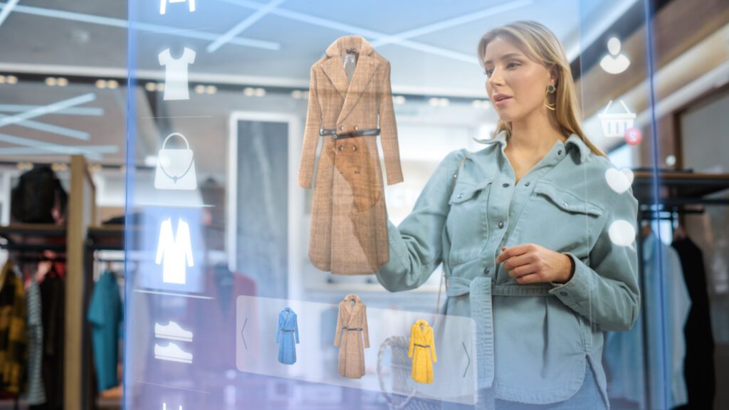 Female Customer Using 3D Augmented Reality Digital Interface in Modern Shopping Center.