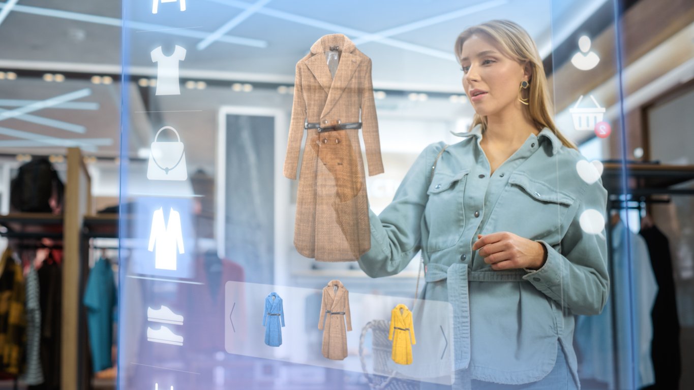 Female Customer Using 3D Augmented Reality Digital Interface in Modern Shopping Center.