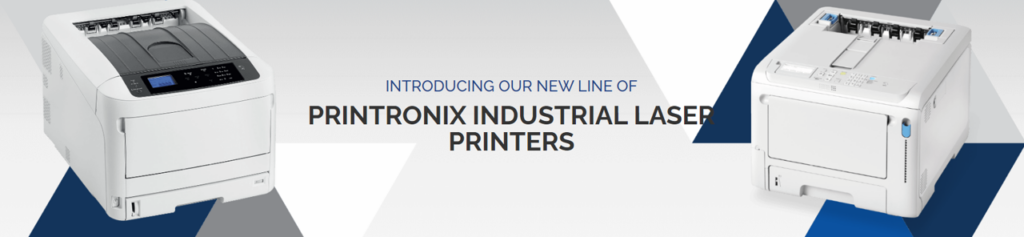 A banner with the TSC Printronix industrial laser printers