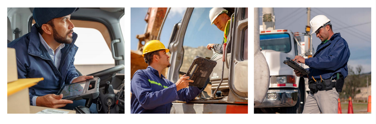 Various images showing a man with a rugged tablet