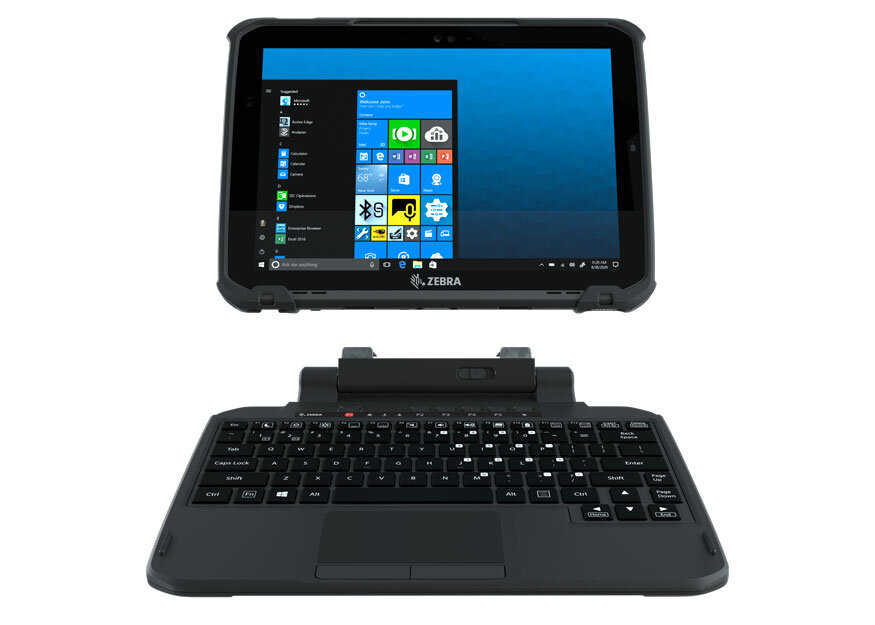 A rugged Zebra tablet with detachable keyboard