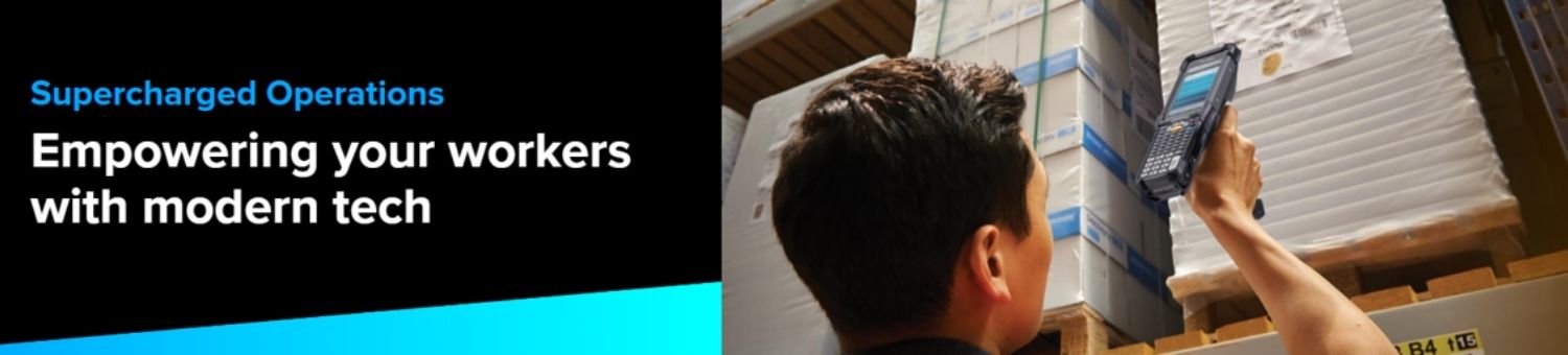 A banner saying 'Supercharged operations Empowering your workers with modern tech' and a man using a handheld barcode scanner