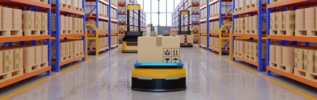 Robots on a warehouse floor transporting packages