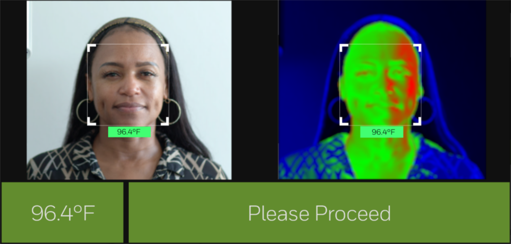 A person's face undergoing thermal scanning
