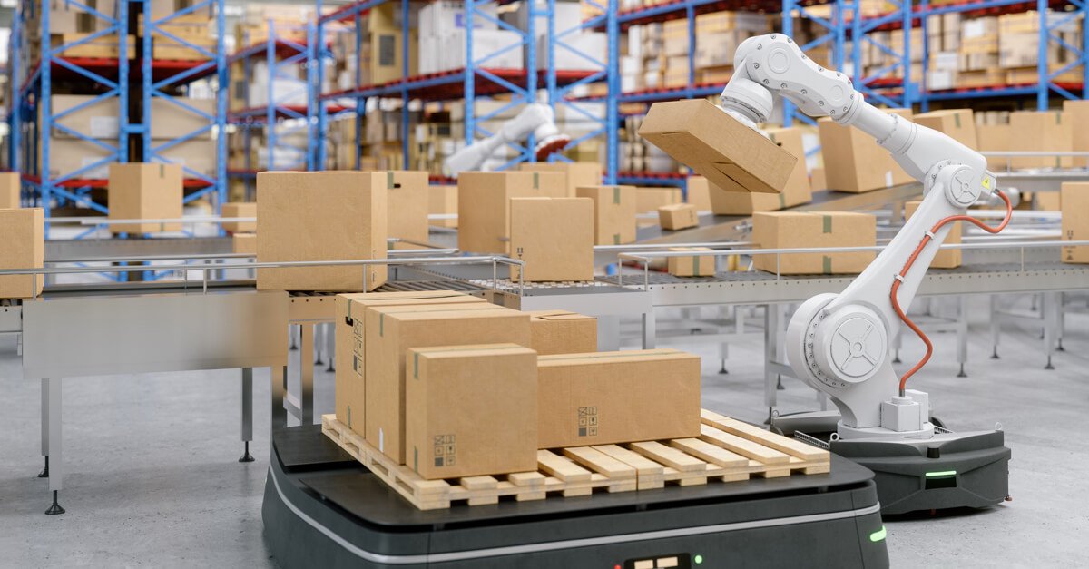 A warehouse shop floor with robots transporting packages