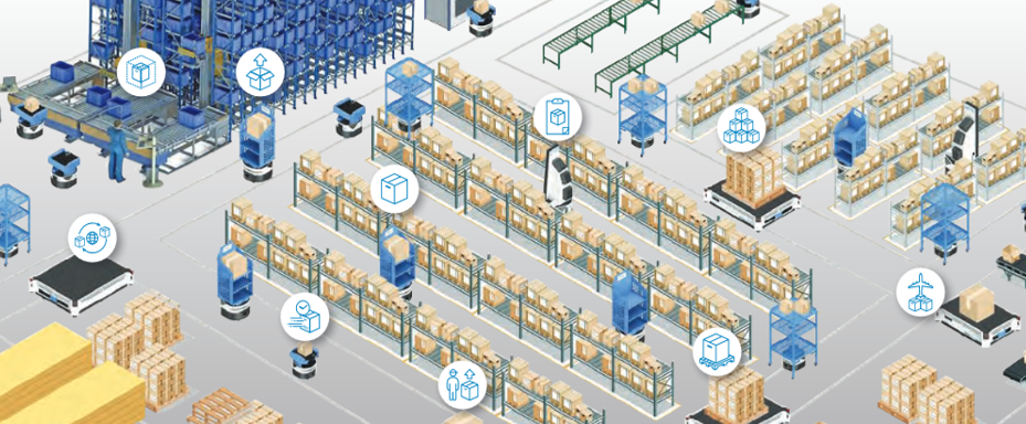 A graphic of a shop floor using robots to transport packages