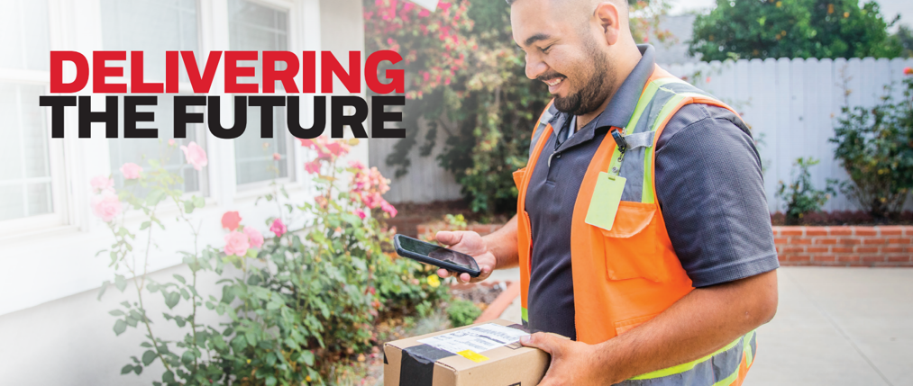 Banner showing a delivery driver using a smartphone to confirm delivery