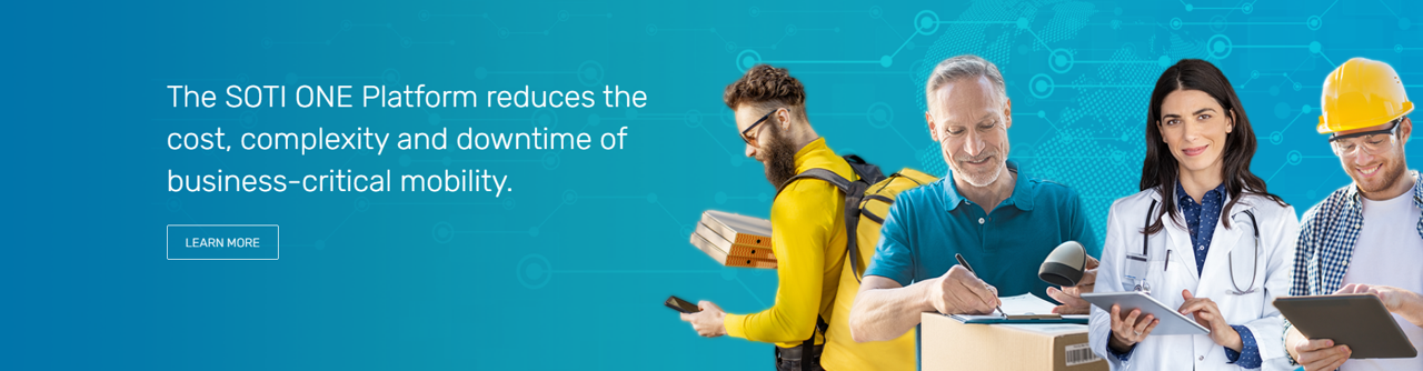 A banner saying 'The SOTI ONE Platform reduces the cost, complexity and downtime of business-critical mobility.'