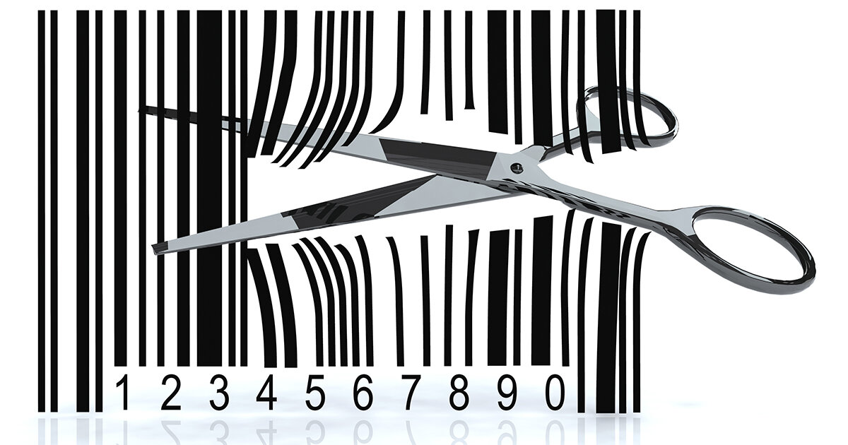 Barcode with 3d scissors that cut, on white background