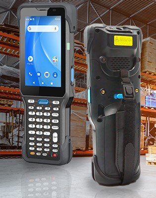 A mobile computer against a warehouse background