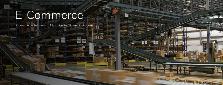 A banner with a warehouse and the words 'E-commerce, E-commerce solutions to maximize fulfilment execution' overlayed