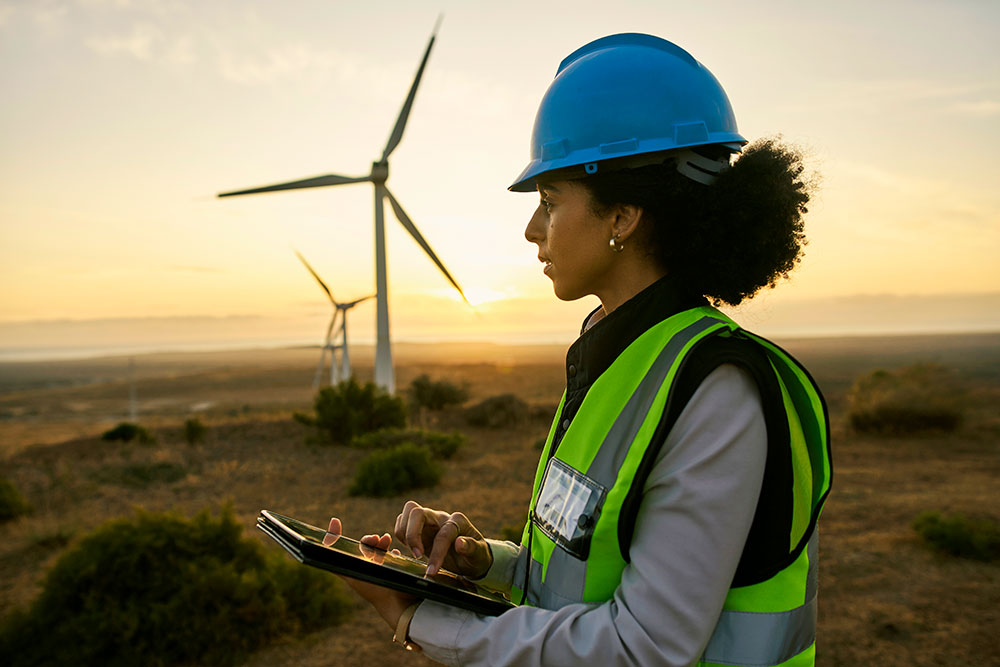 Engineer, black woman and tablet for eco friendly work, check power plants and girl thinking outdoor. African American female employee, lady and manager with device, online planning and sustainable