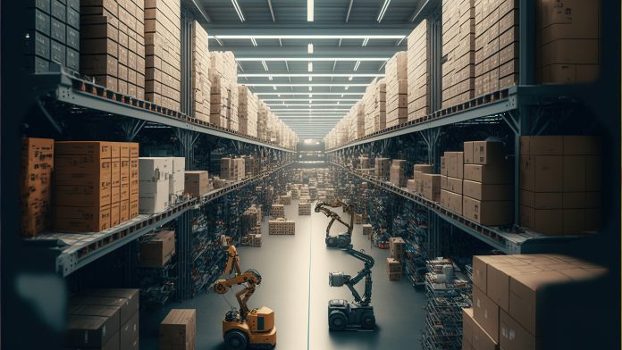 Warehouse interior with robots operating in it